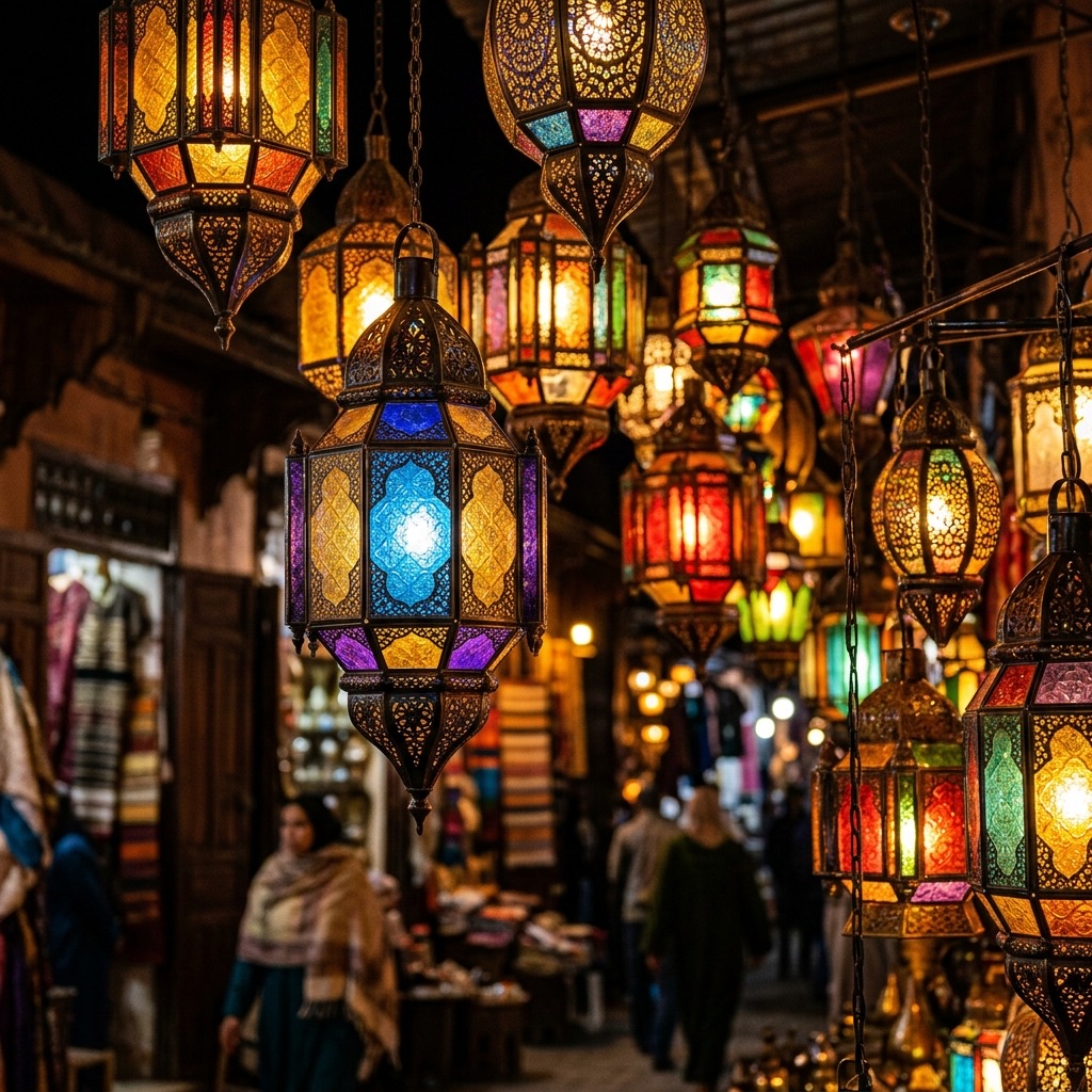 Moroccan lanterns hanging in medina